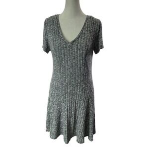 DOLAN Women Left Coast Ribbed Mini Short Sleeve Knit V Neck Dress Sz M Gray 1a-8